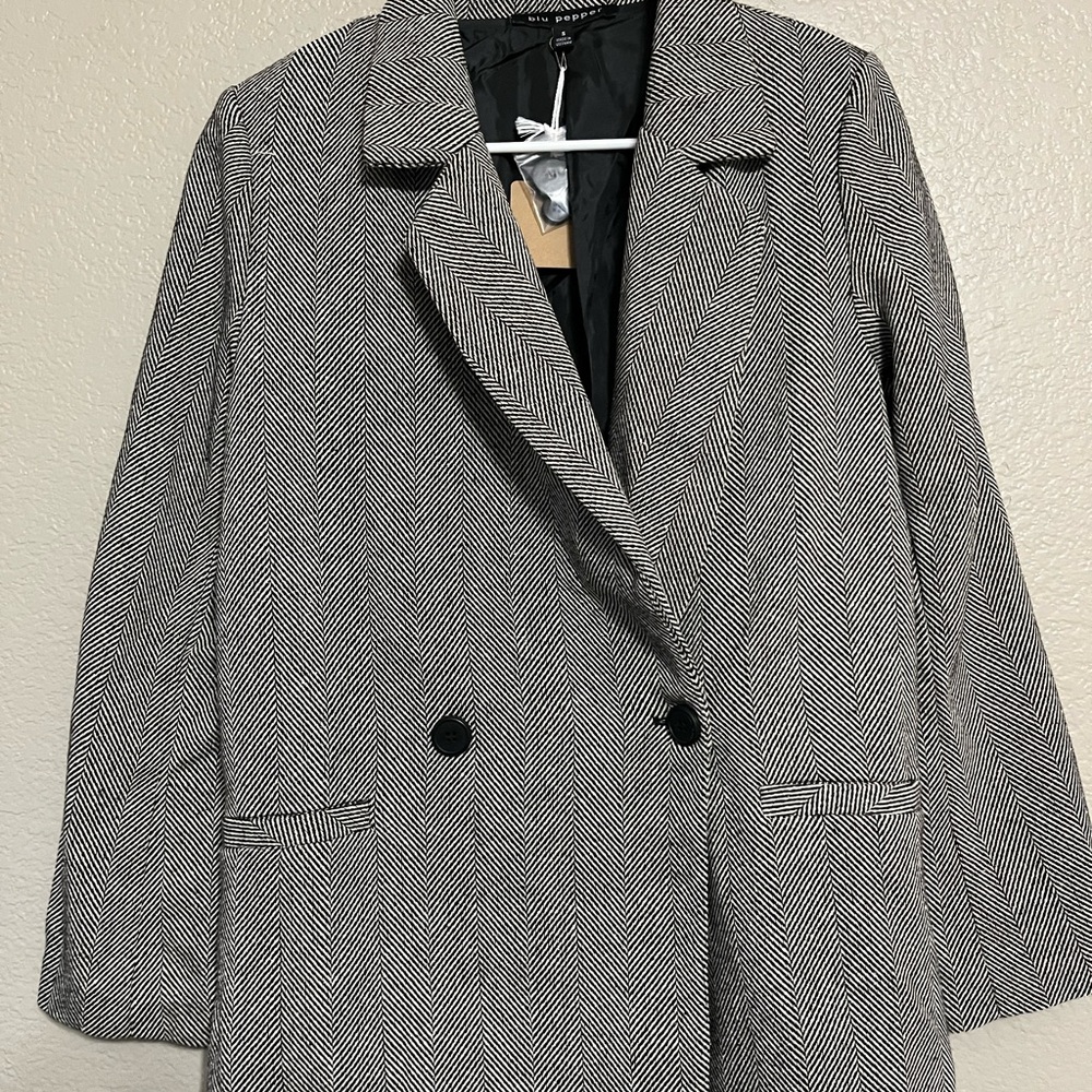 Blu Pepper Black and White Herringbone Coat